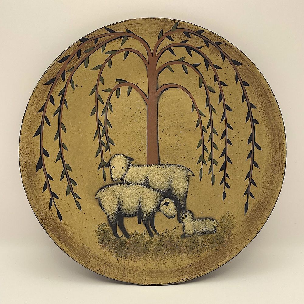 Painted wooden plate by Doreenh Winters, primitive, rustic with sheep under tree